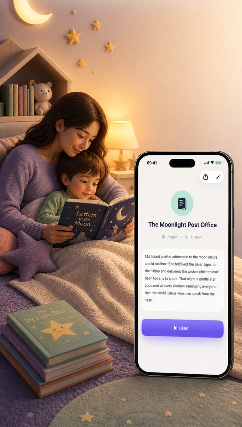 A parent and child read together at bedtime beside a StoryLens narrated story